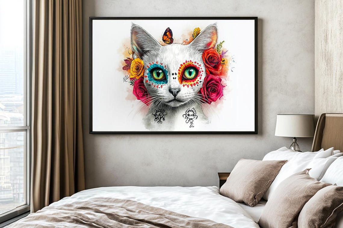 Romantic White Cat With Red Roses And Sugar Skull Eyes Poster
