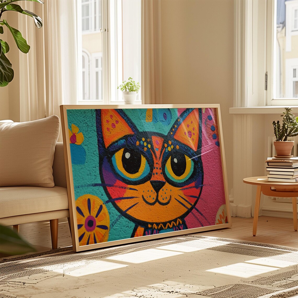 Pop Art Cartoon Cat Huge Yellow Eyes Pink Blue Bold Fun Cat Wall Poster - Image 4