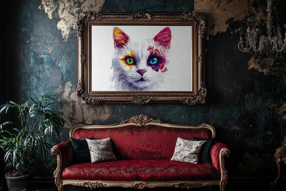Charming White Cat With Mismatched Eyes Sugar Skull Patterns Poster