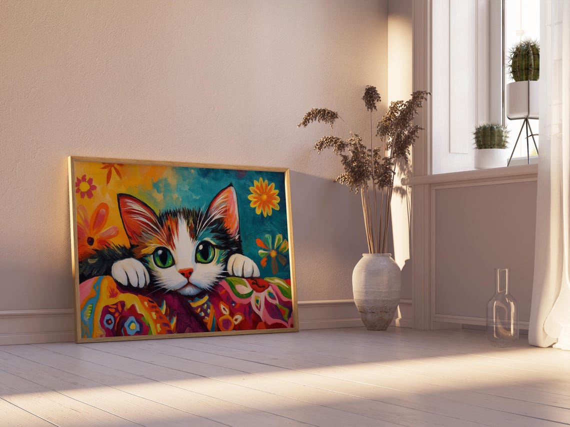 Calico Kitten Peeking Over Patterned Blanket Sweet Green Eyes Poster - Image 2