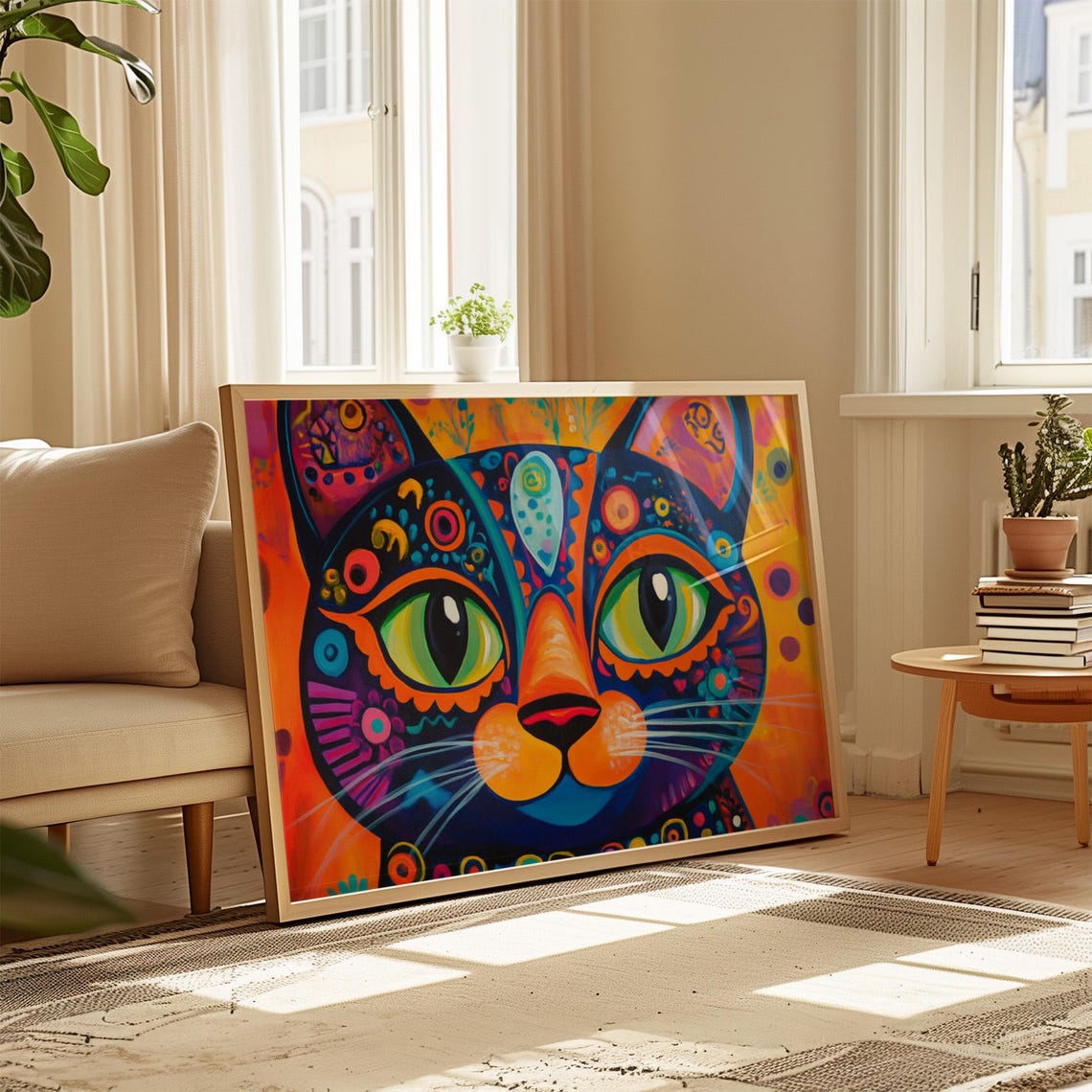 Black Cat Close Up Huge Green Eyes Psychedelic Dot Pattern Art Poster - Image 4