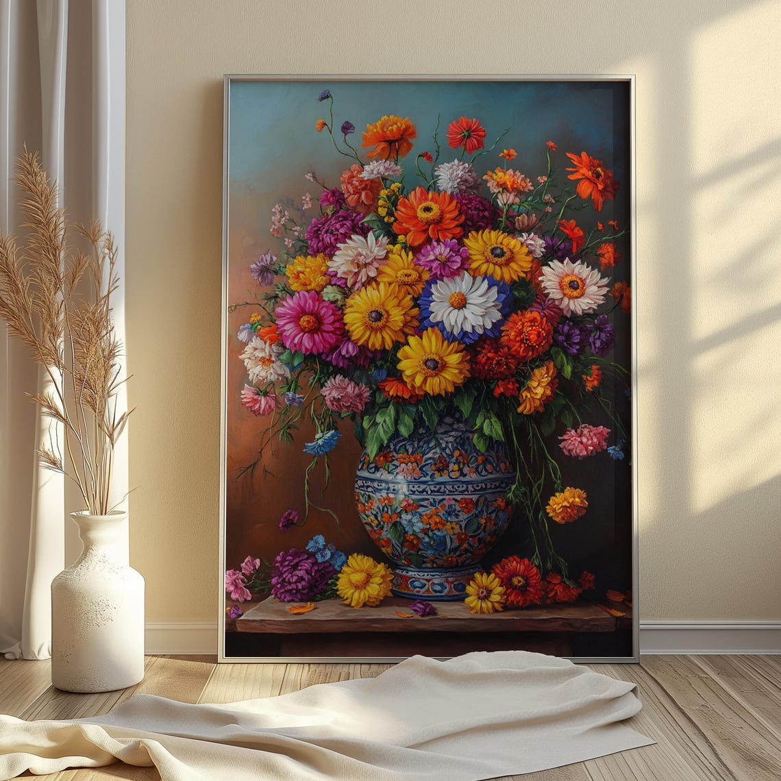 Cheerful Wildflower Bouquet Ornate Blue Vase Ledge Sunny Garden Poster - Image 3