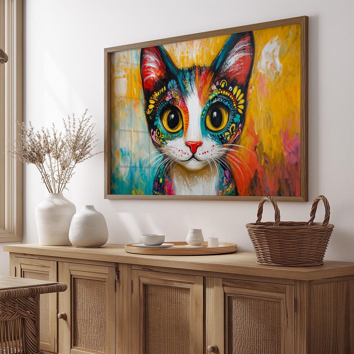 Calico Kitten Golden Background Folk Art Eye Patterns Sweet Cat Art Poster