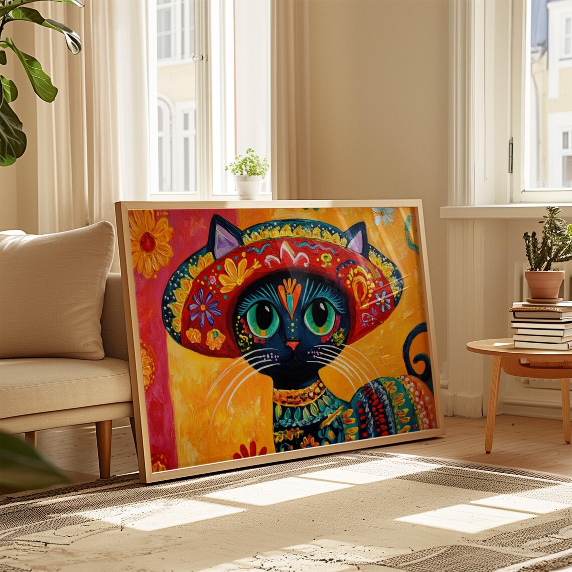 Black Cat in Floral Sombrero Mexican Fiesta Folk Art Vivid Cat Poster - Image 4