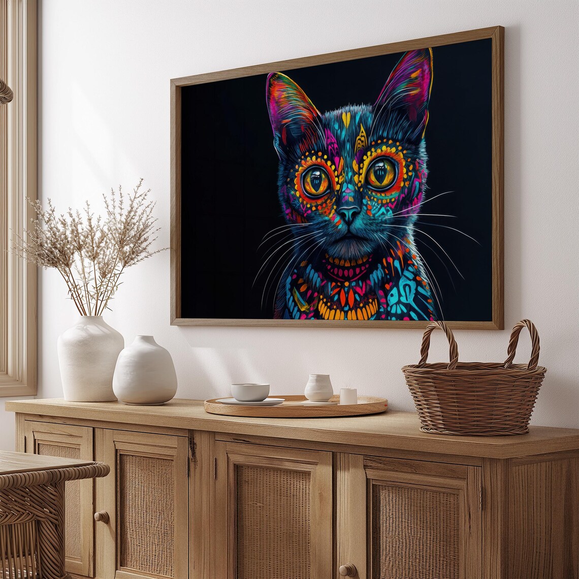 Black Cat Day of the Dead Sugar Skull Face Paint Neon Colorful Art Poster