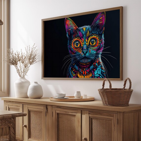 Black Cat Day of the Dead Sugar Skull Face Paint Neon Colorful Art Poster