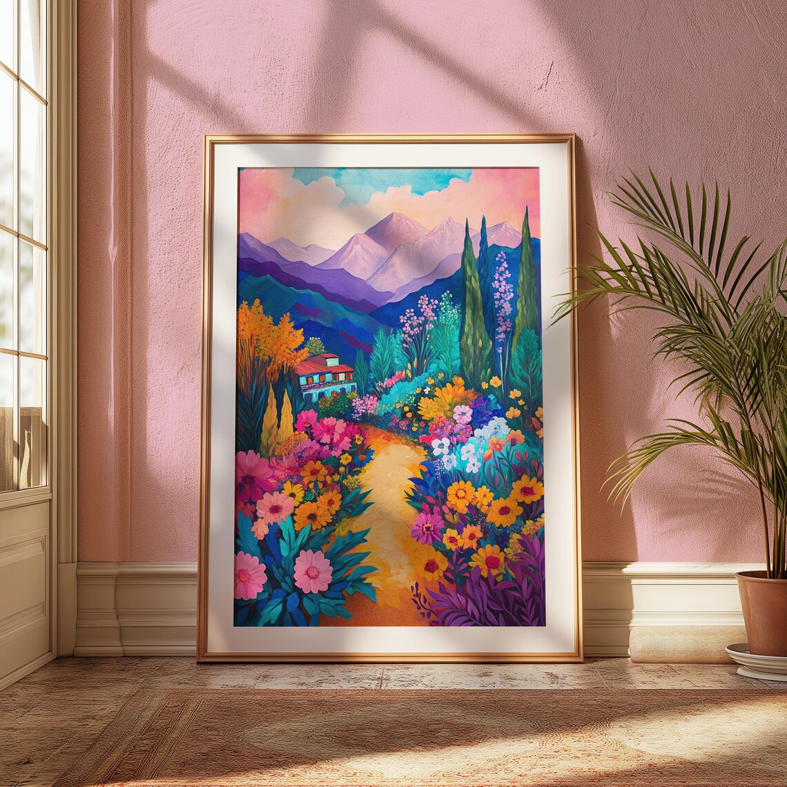 Flower Filled Valley Villa Purple Mountains Colorful Garden Landscape Poster - Image 2