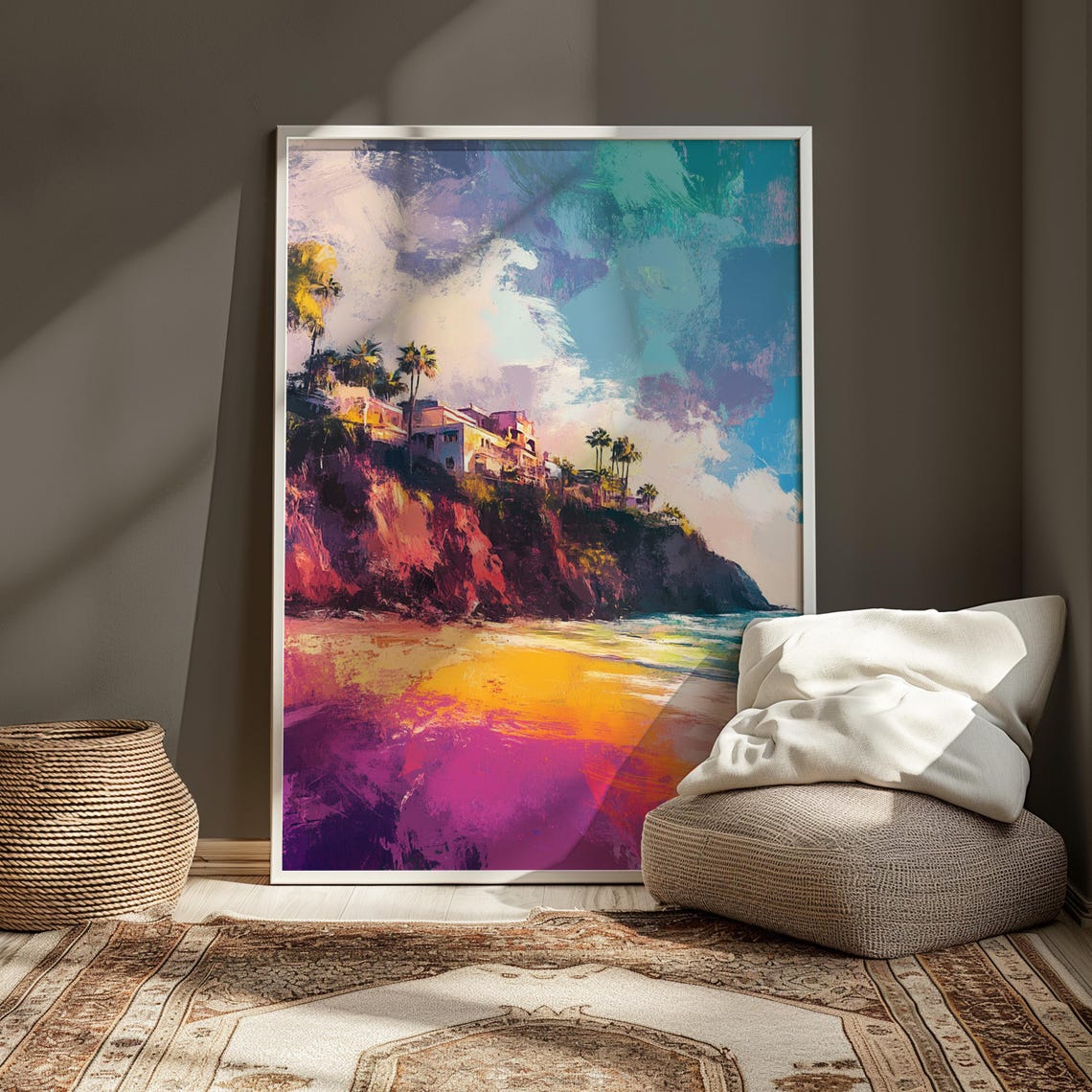 Golden Sunset Beach Red Cliffs Palm Trees Cliff Houses Art Print - Image 4