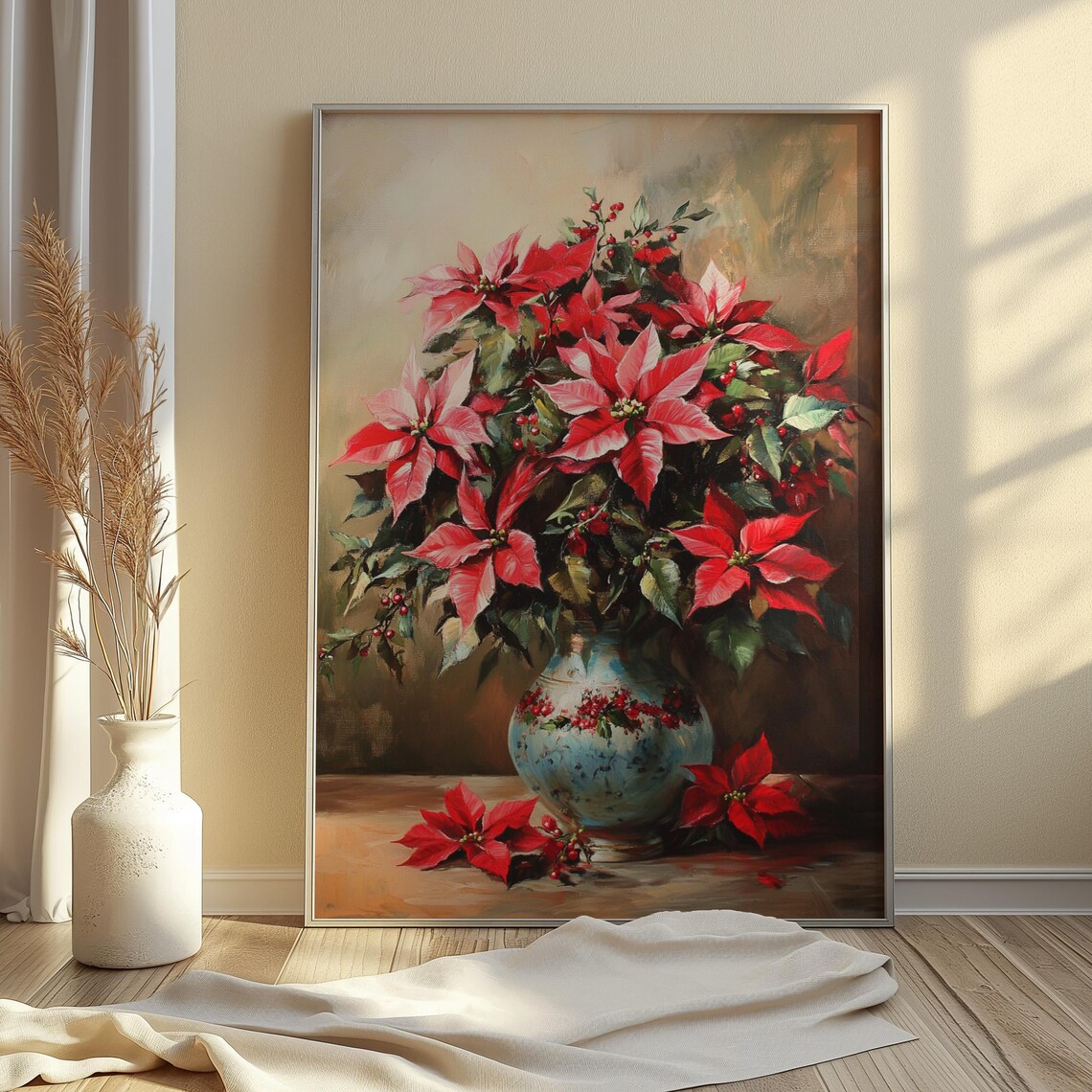 Pink Red Poinsettia Berries Blue Vase Christmas Still Life Poster - Image 3