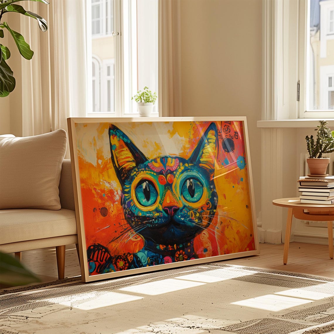 Bright Blue Cat With Big Happy Eyes Colorful Folk Pattern Art Poster - Image 4