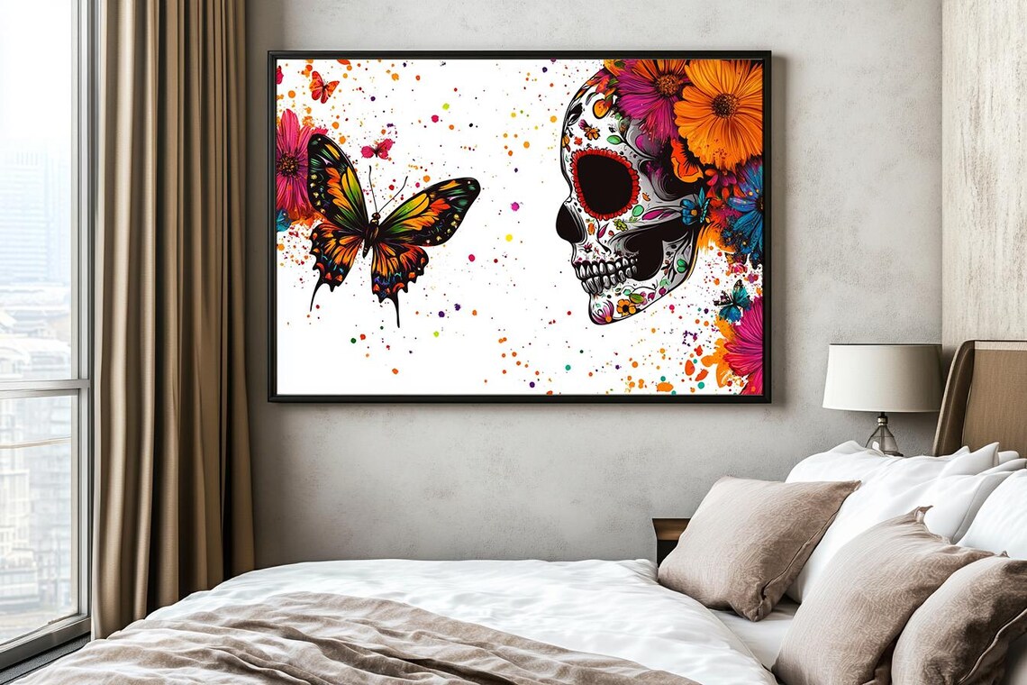 Sugar Skull and Butterfly Day of the Dead Floral Watercolor Art Poster - Image 2