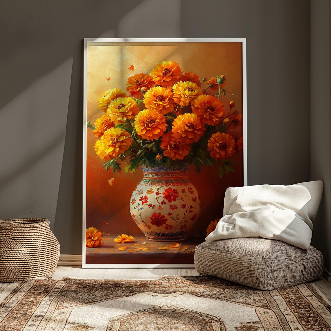 Golden Marigold Bouquet White Floral Vase Amber Warm Autumn Poster - Image 4