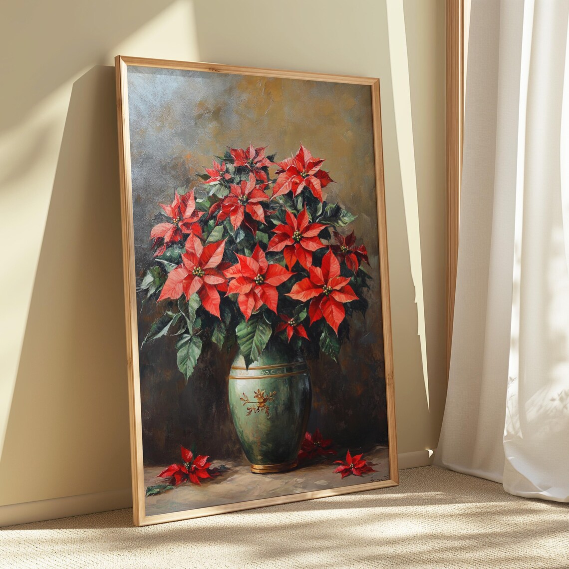 Red Poinsettia Celadon Green Vase Gold Motif Christmas Poster Print - Image 5