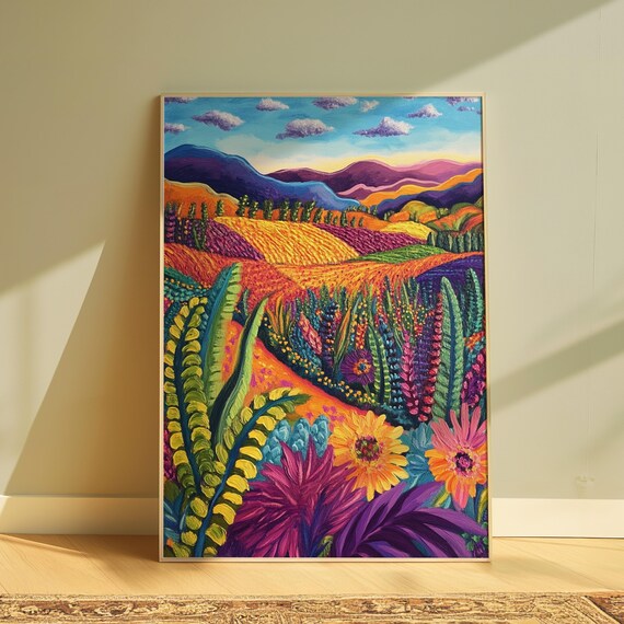 Vibrant Wildflower Meadow Purple Mountains Rolling Hills Folk Art Landscape Poster