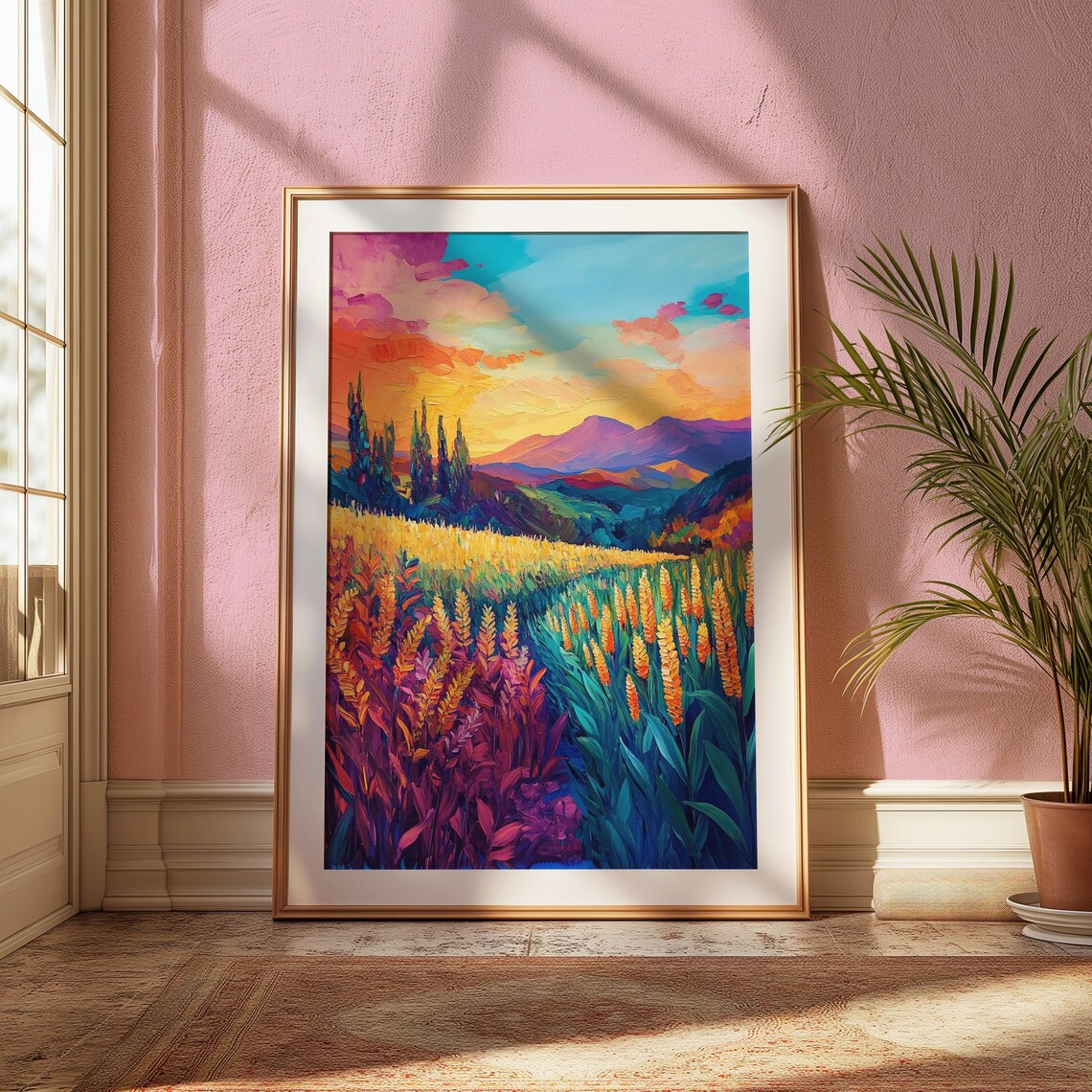 Mountain Valley Sunset Golden Wheat Field Vibrant Landscape Wall Art Poster - Image 2