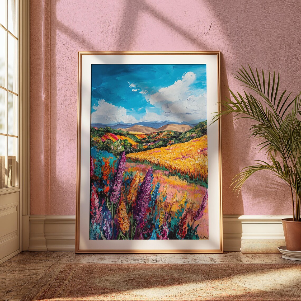 Vibrant Lupines Golden Wheat Fields Rolling Red Hills Blue Sky Landscape Poster - Image 2