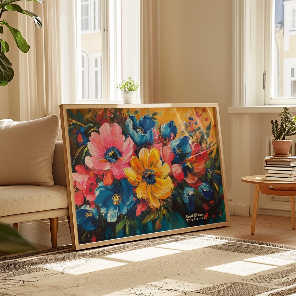 God Bless This Home Vibrant Bold Blossom Gold Blue Floral Poster - Image 4