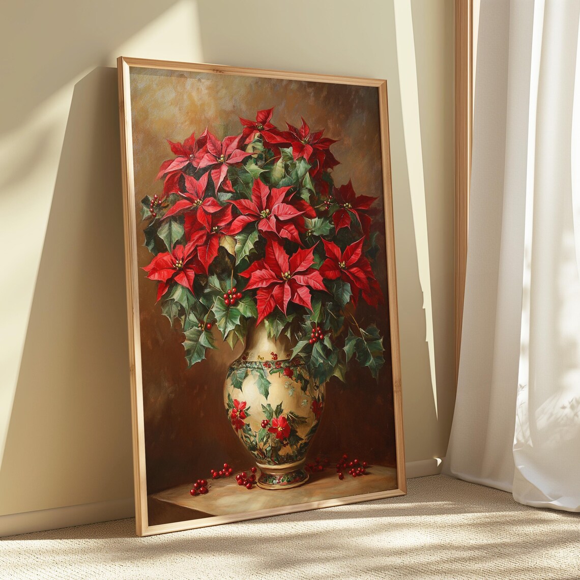Red Poinsettia Holly Cream Floral Vase Christmas Still Life Poster - Image 5