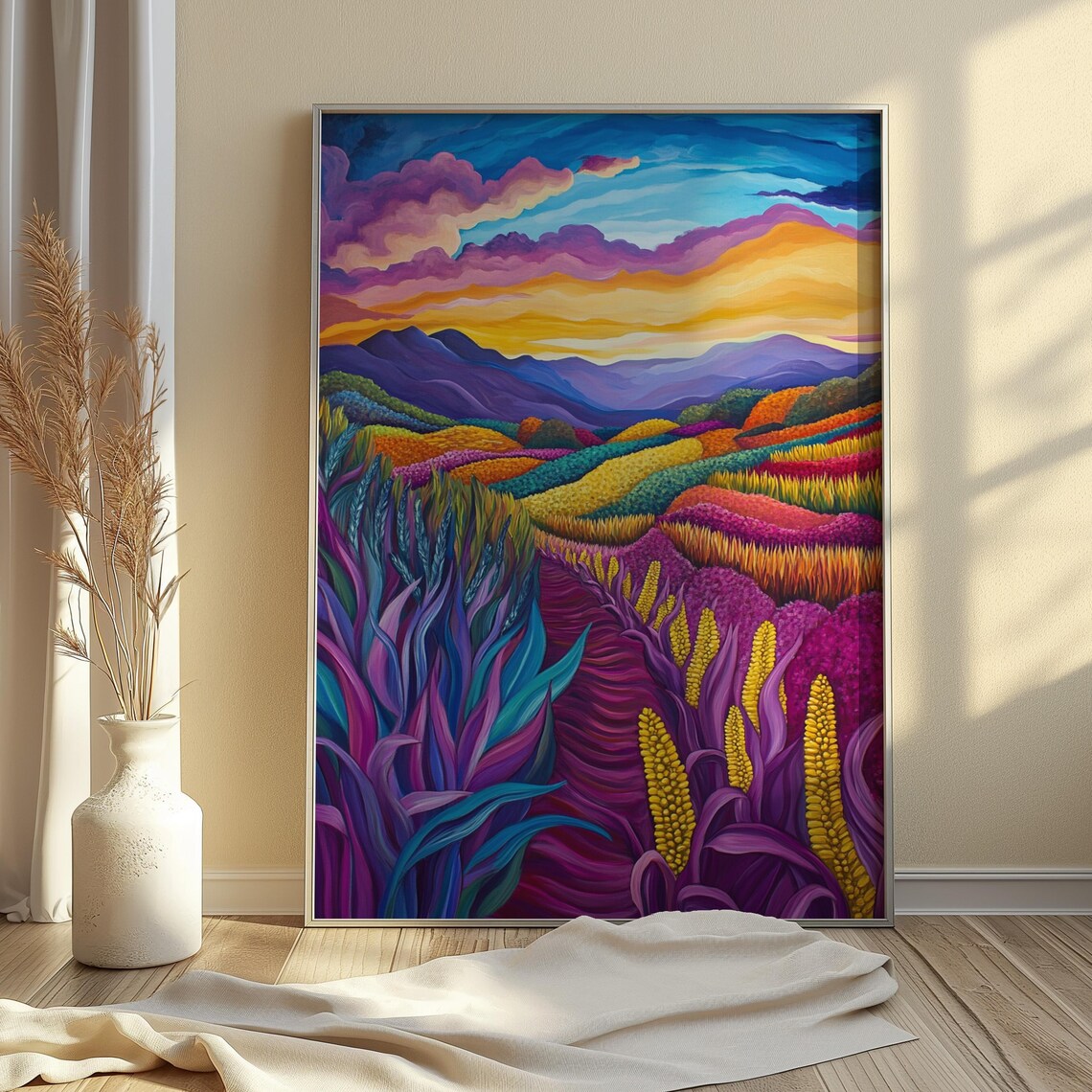 Purple Corn Field Sunset Golden Ears Rainbow Crop Rows Colorful Landscape Poster - Image 4