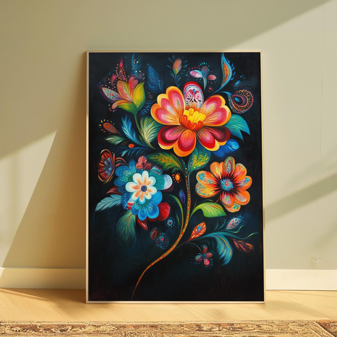 Neon Glow Blossoms Red Orange Teal Black Night Floral Poster