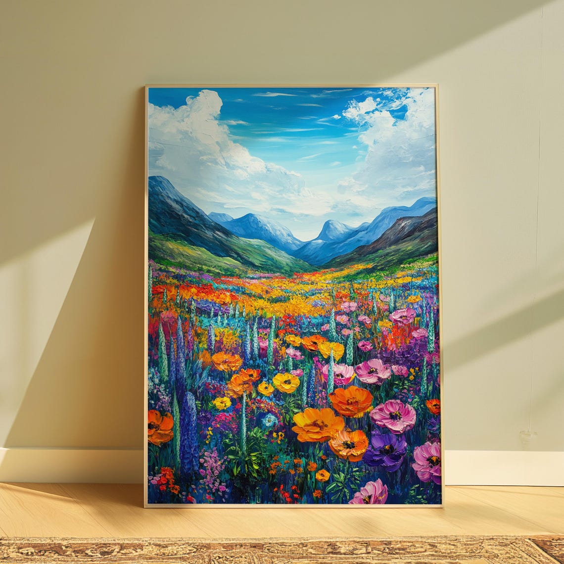 Colorful Wildflower Valley Blue Mountain Impressionist Art Print