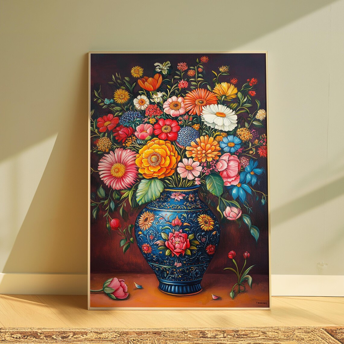 Abundant Mixed Floral Bouquet Large Ornate Blue Vase Rich Dark Poster