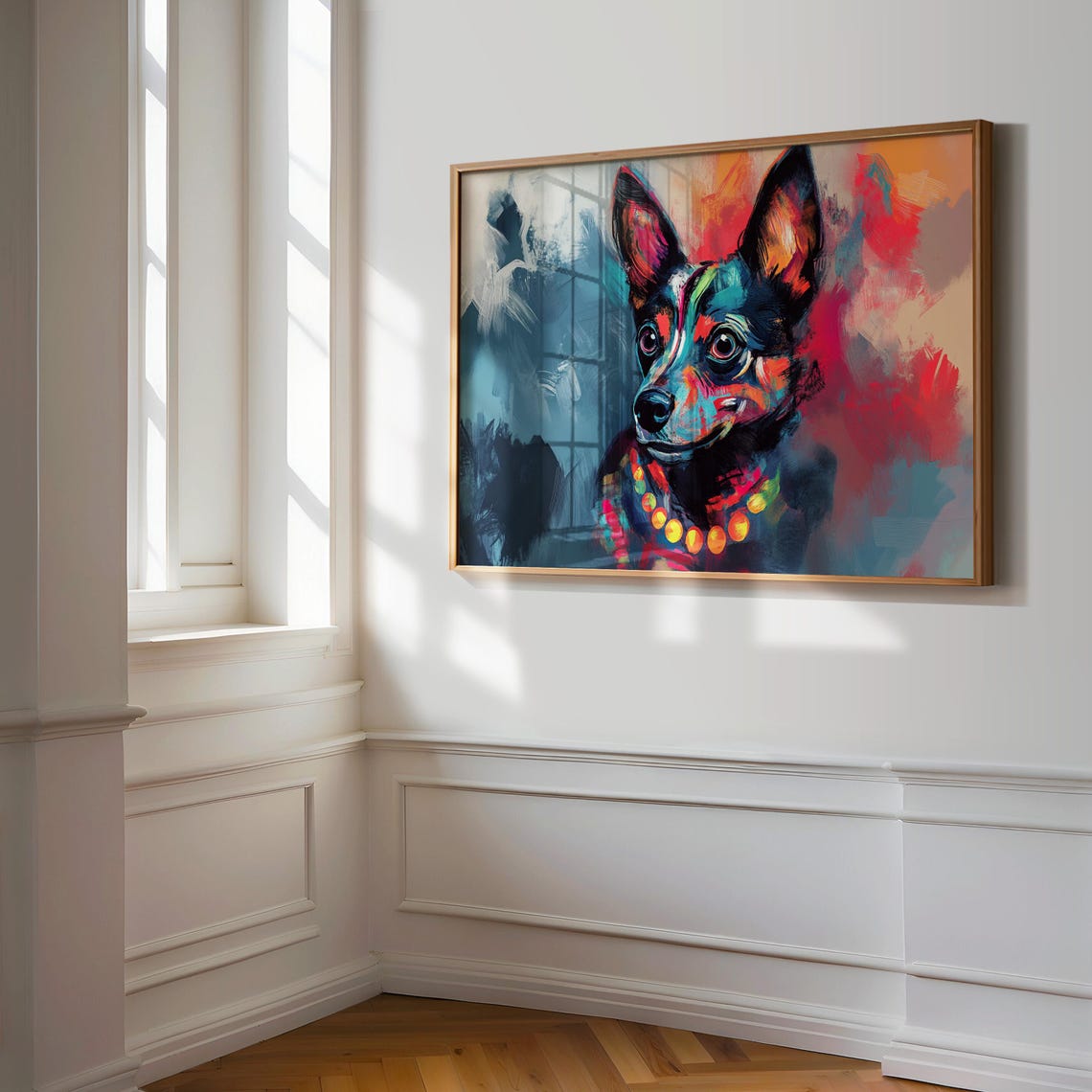 Small Chihuahua Like Dog Abstract Paint Strokes Red Teal Art Poster - Image 3