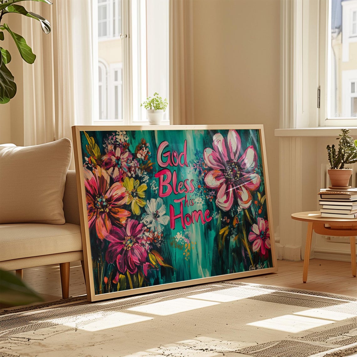 God Bless This Home Magenta Blossom Teal Painterly Brushwork Poster - Image 4