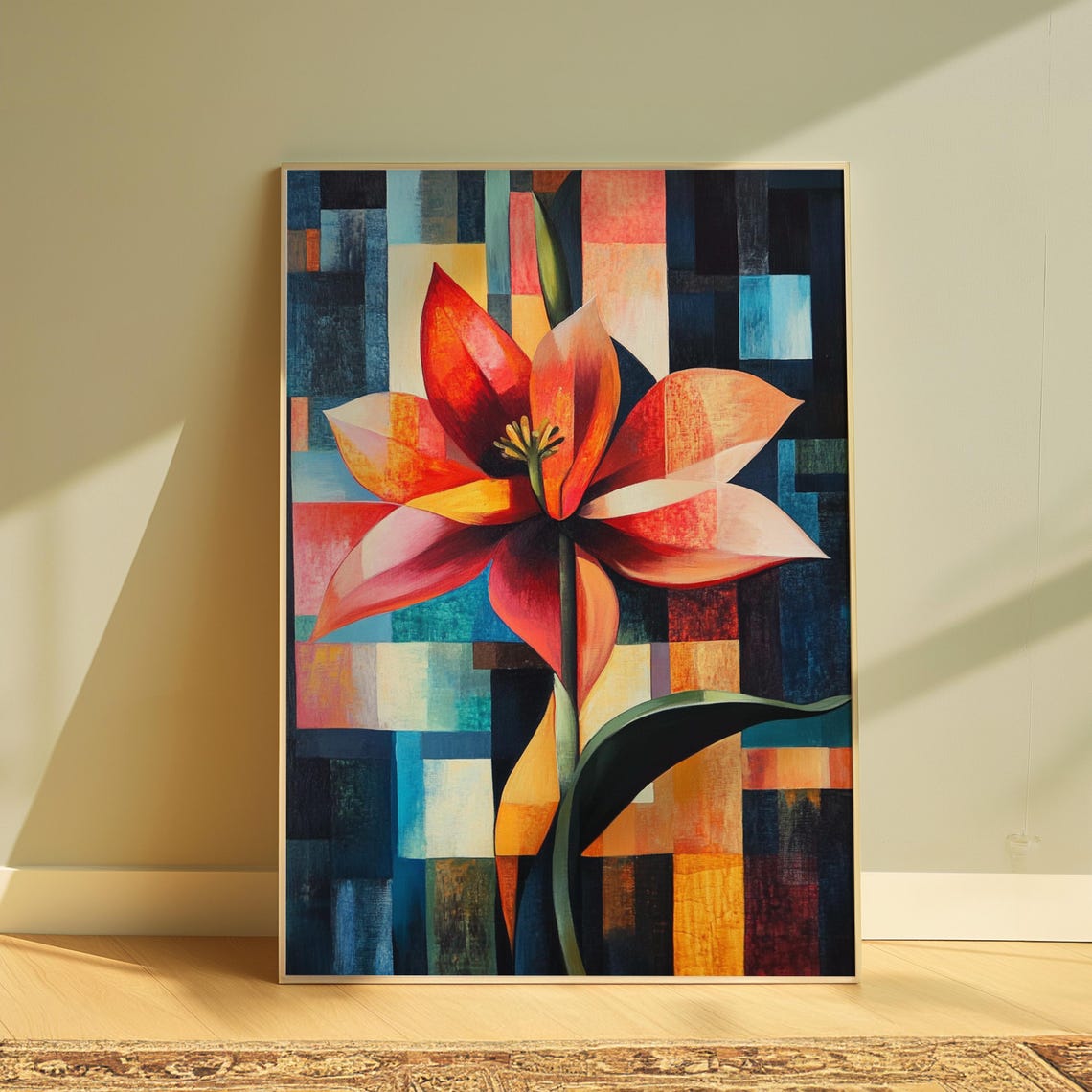 Red Lotus Bloom Blue Block Mosaic Background Modern Floral Poster