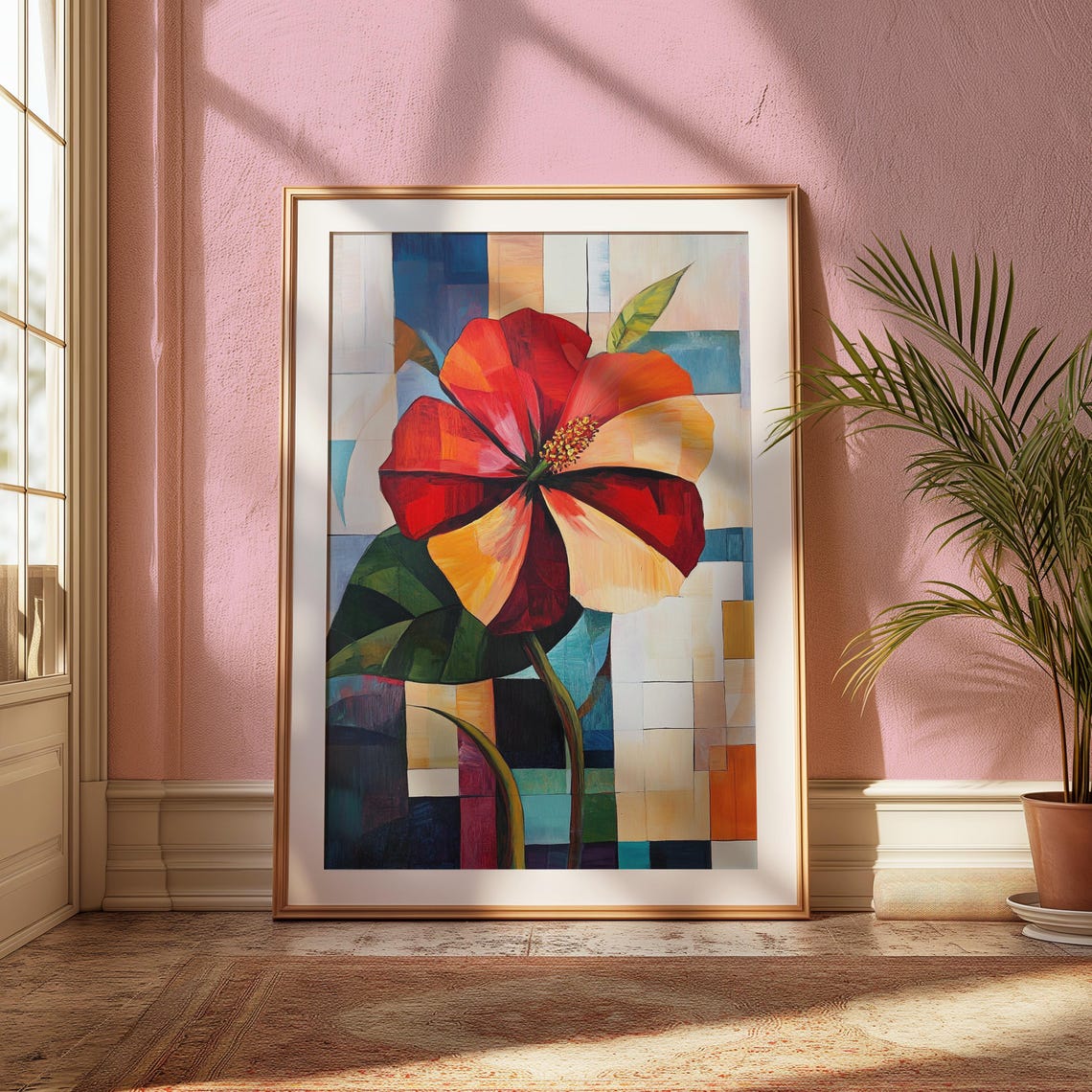 Hibiscus Bloom Patchwork Mosaic Light Background Floral Art Poster - Image 2