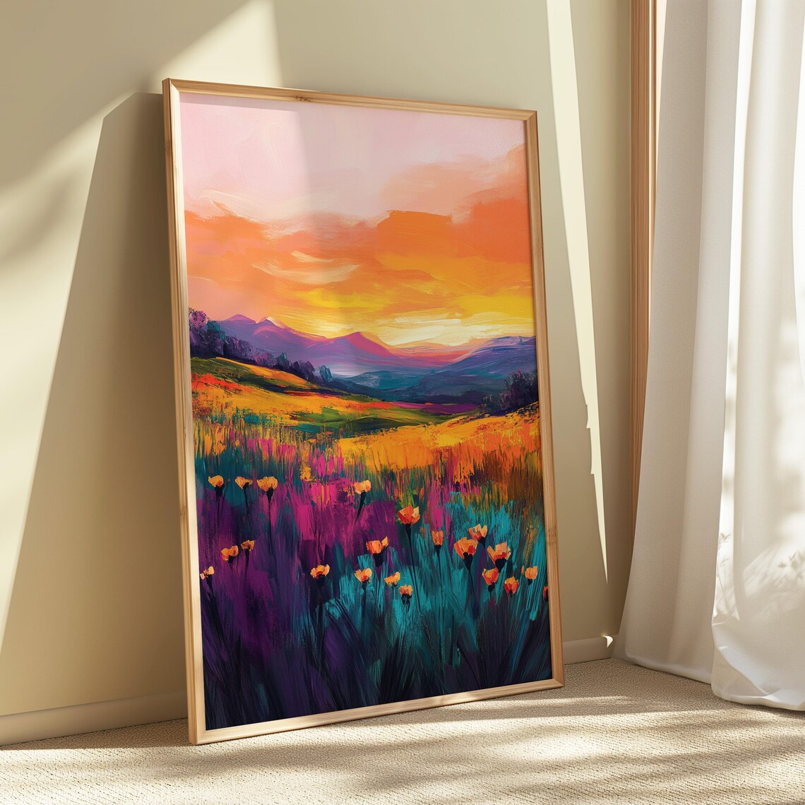 Wildflower Field Vivid Orange Sunset Purple Grasses Art Print - Image 5