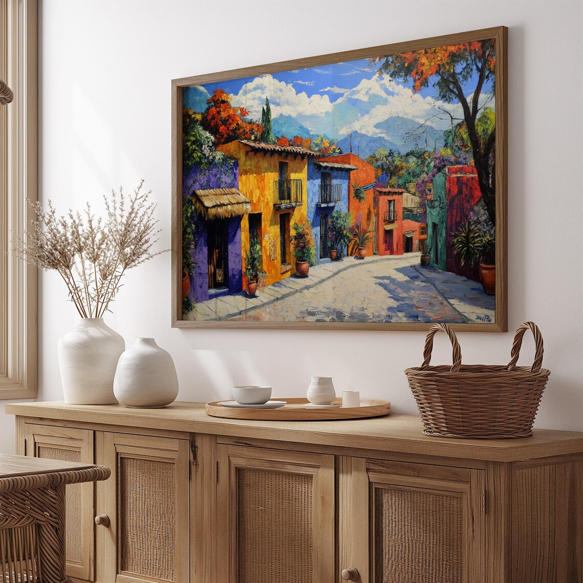 Mexican Colonial Street Painting Colorful Houses Mountains Wall Art Print