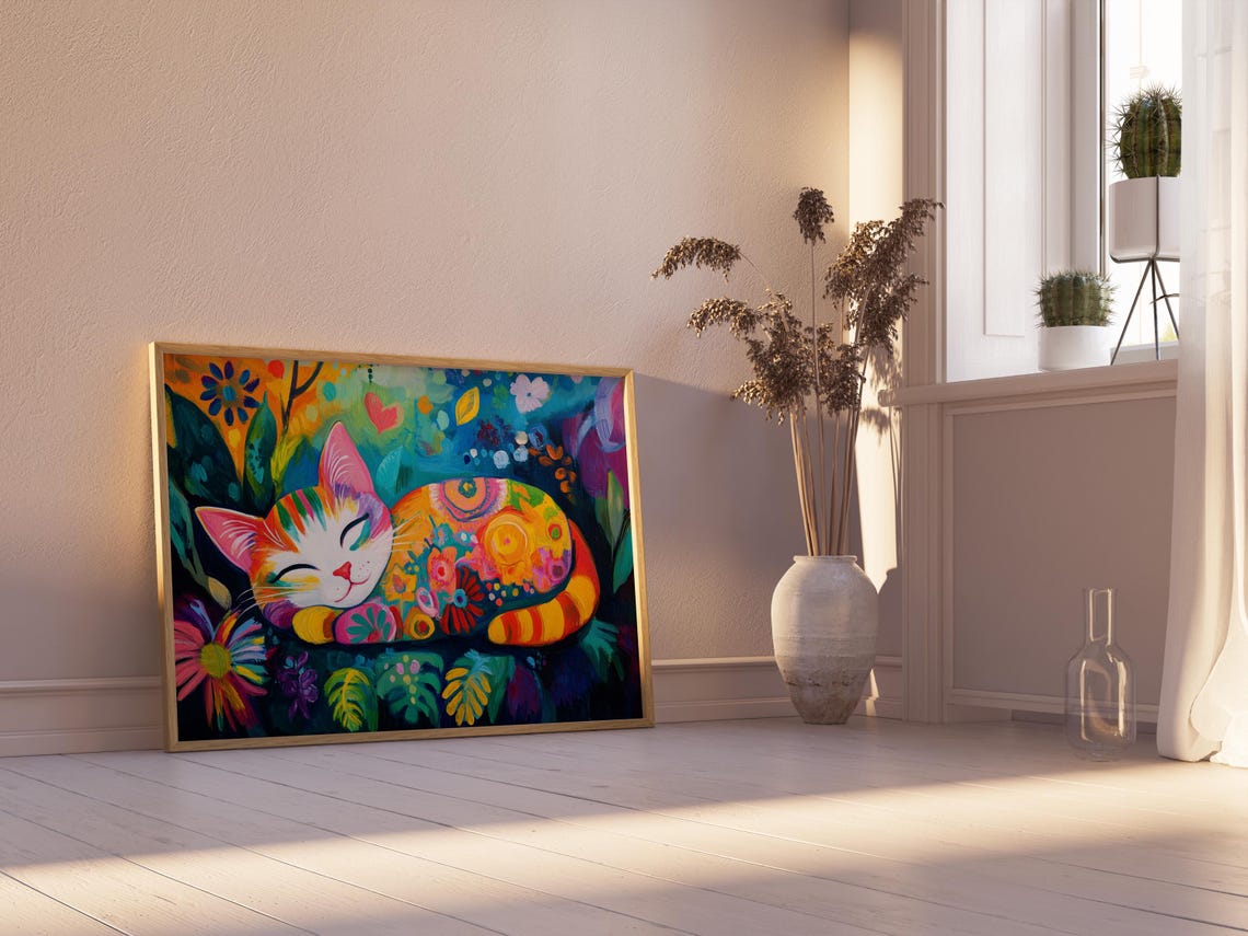 Sleeping Rainbow Cat Curled Up Tropical Floral Night Garden Poster - Image 2