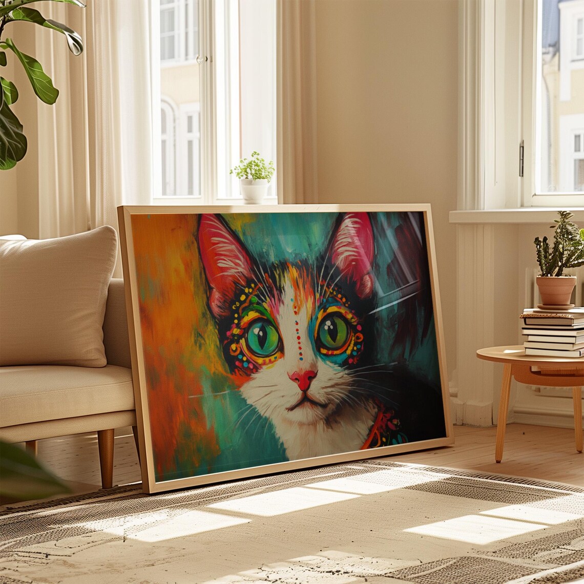 Mexican Folk Art Cat Big Green Eyes Dotted Decorative Face Poster - Image 4