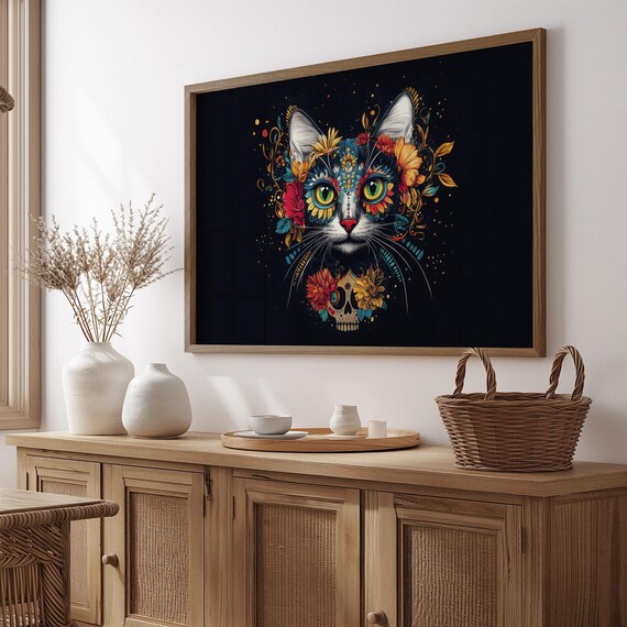 Black Cat Marigold Flower Crown Sugar Skull Pendant Dark Folk Art Poster