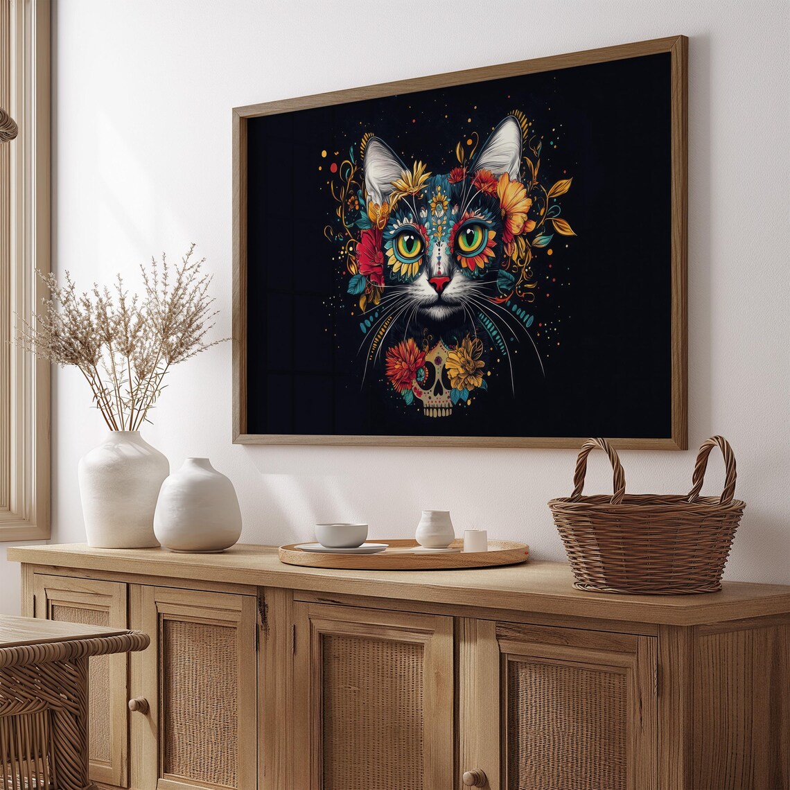 Black Cat Marigold Flower Crown Sugar Skull Pendant Dark Folk Art Poster