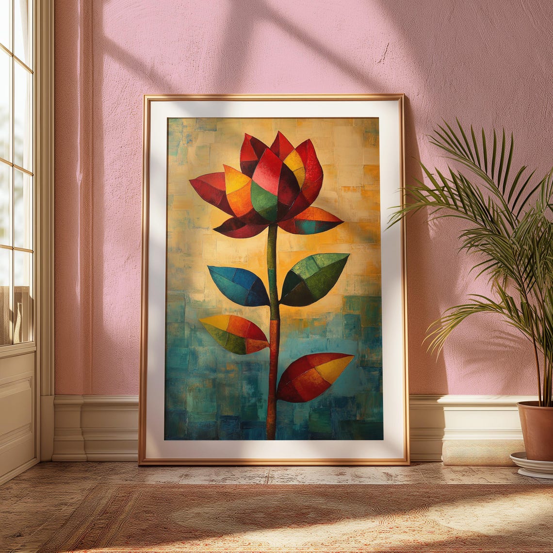 Cubist Mosaic Flower Geometric Red Orange Teal Bold Modern Art Poster - Image 2