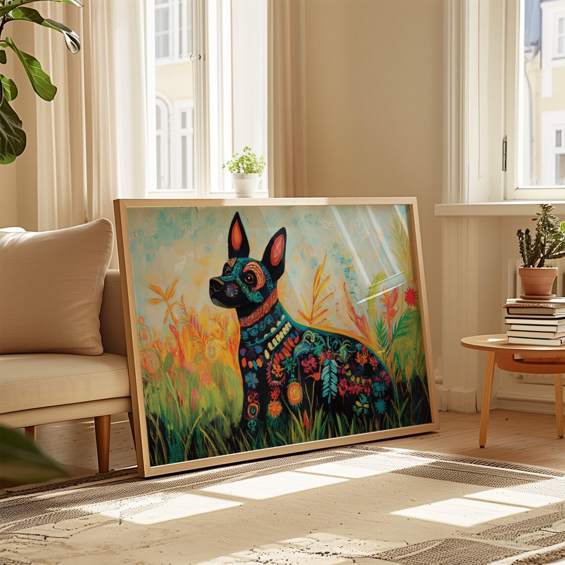 Decorated Dog Sitting in Flower Garden Alebrije Floral Folk Art Poster - Image 4