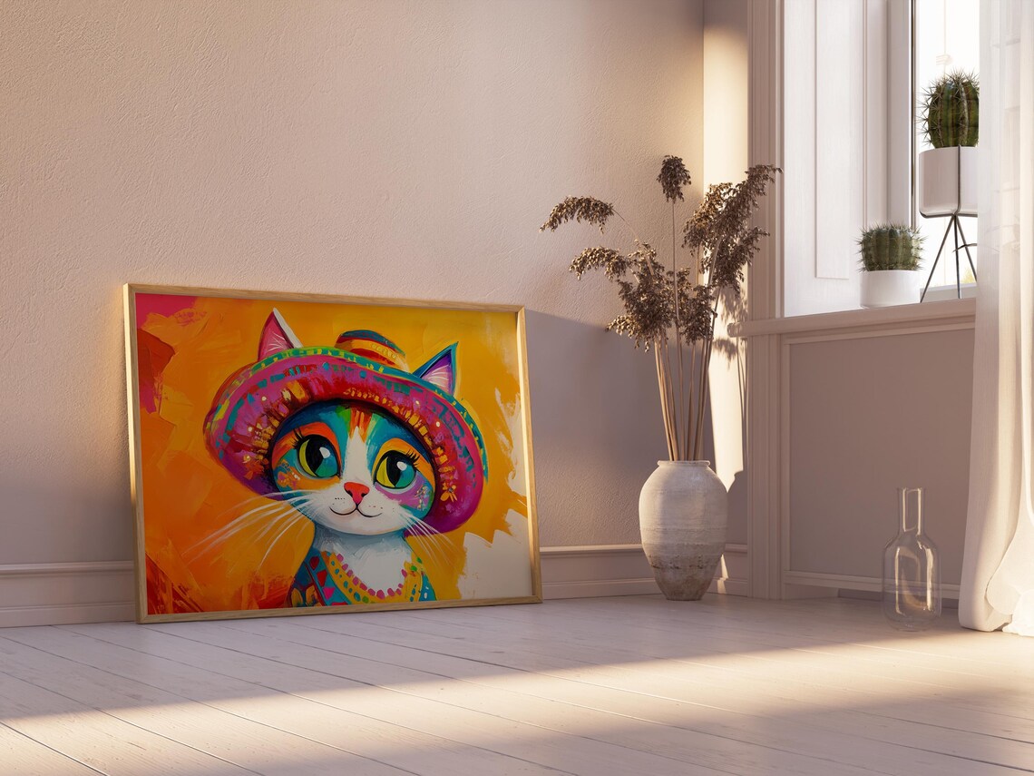 Cat Wearing Colorful Sombrero Big Green Eyes Mexican Fiesta Poster - Image 2