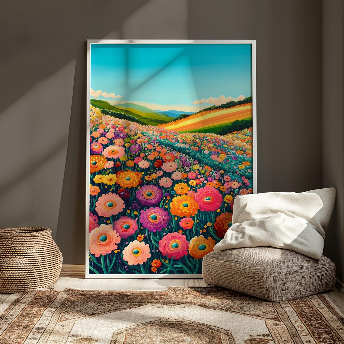 Cosmos Flower Field Rolling Green Hills Folk Art Floral Landscape Poster - Image 3