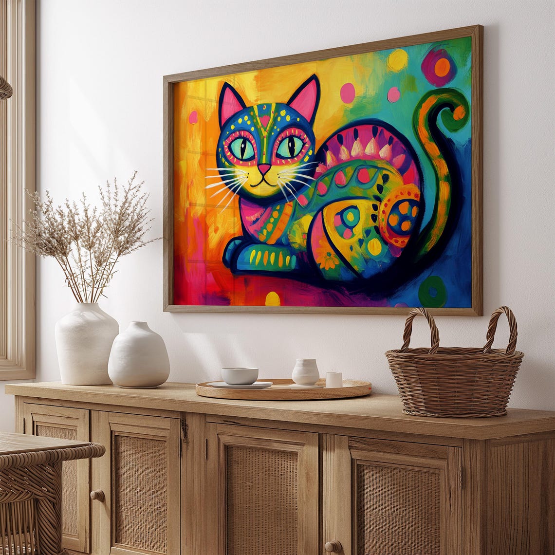 Rainbow Folk Art Cat Curled Up Patterned Coat Bright Happy Cat Poster