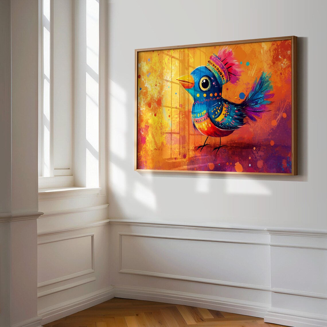 Chubby Bluebird Rainbow Crown Big Cheerful Eye Sunset Ember Art Print - Image 3