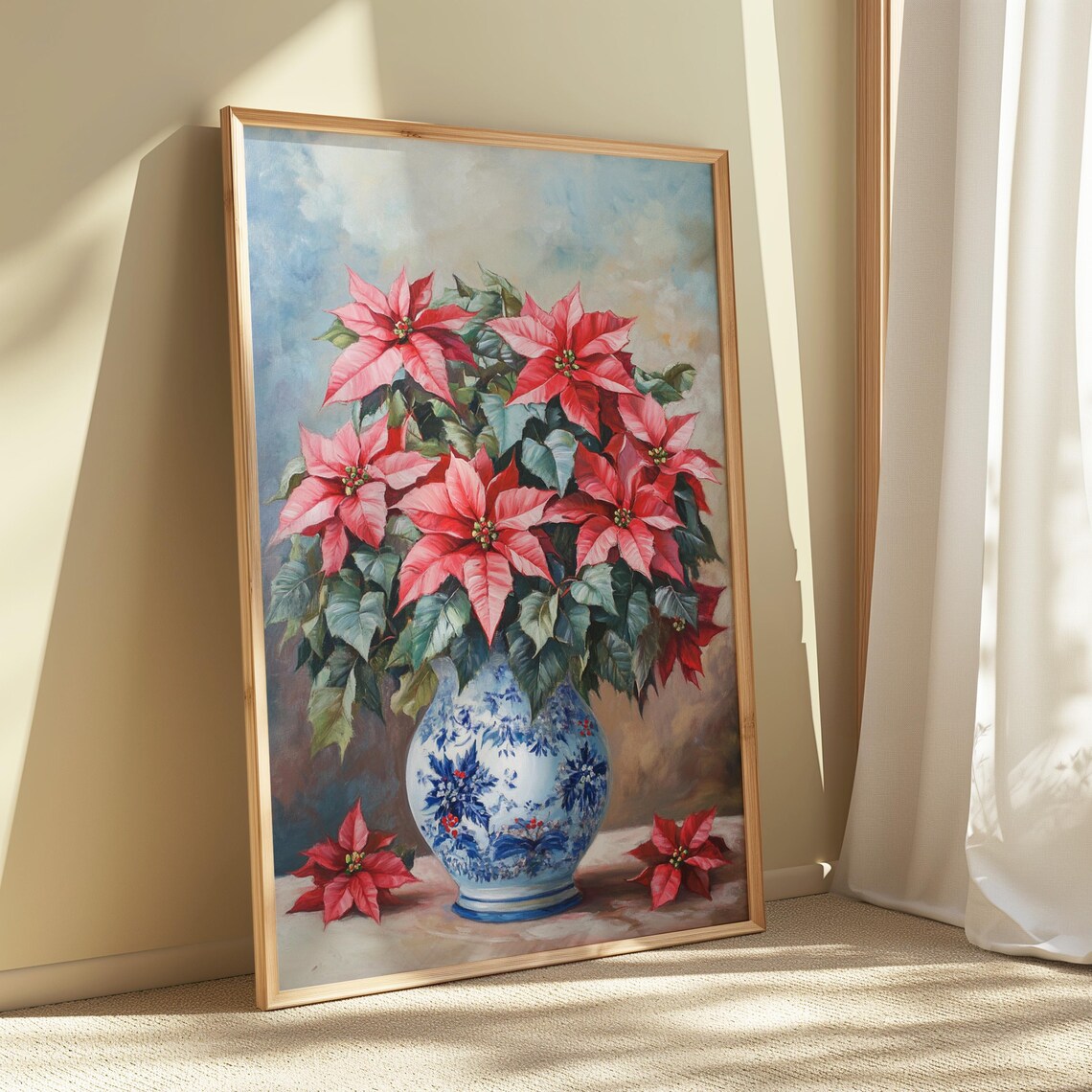 Pink Poinsettia Blue Porcelain Vase Soft Christmas Still Life Poster - Image 5