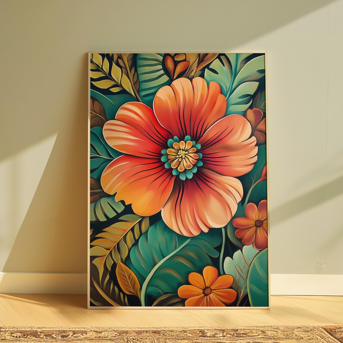 Coral Orange Hibiscus Bloom Teal Tropical Leaves Floral Poster
