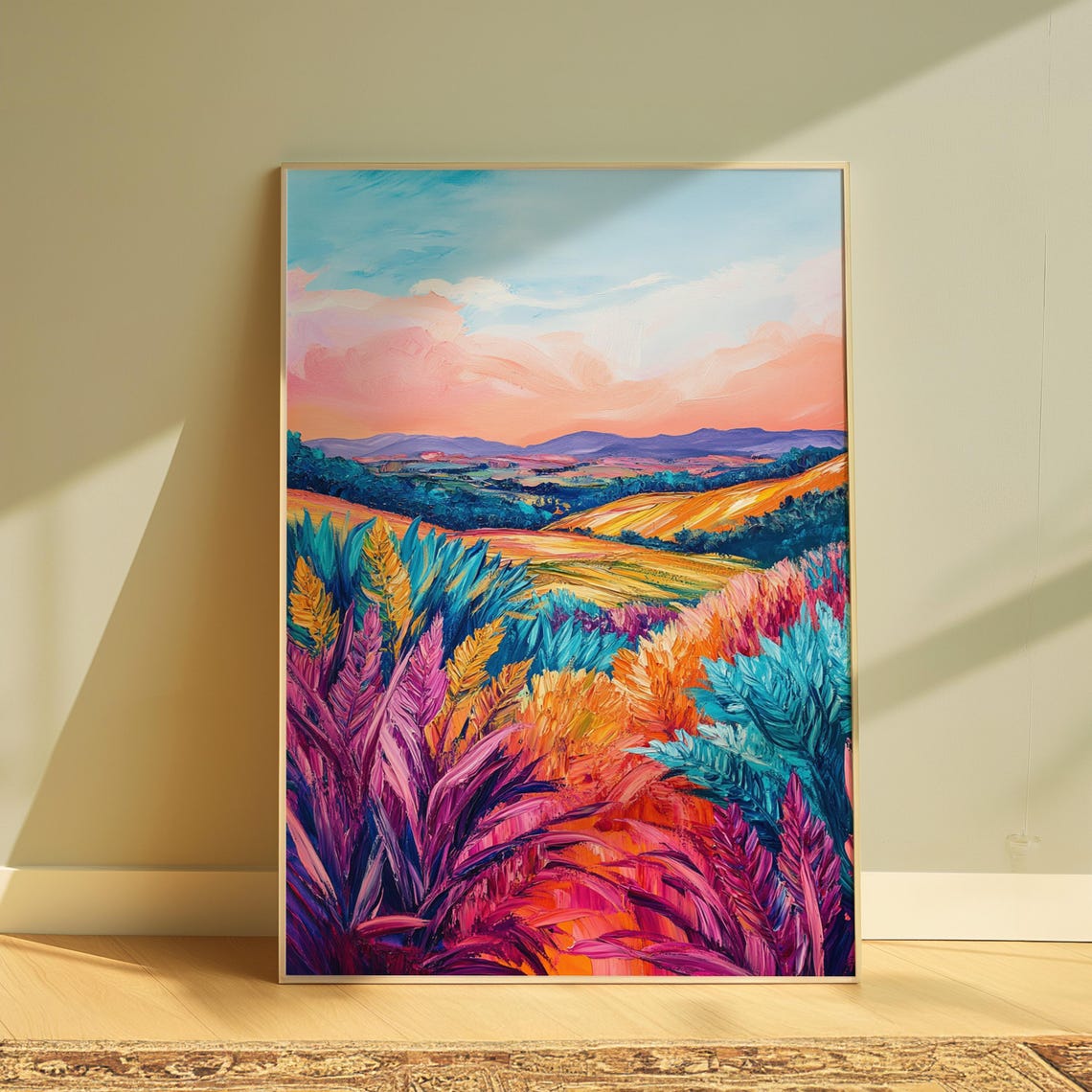 Colorful Rolling Hills Sunset Meadow Pink Sky Landscape Art Print