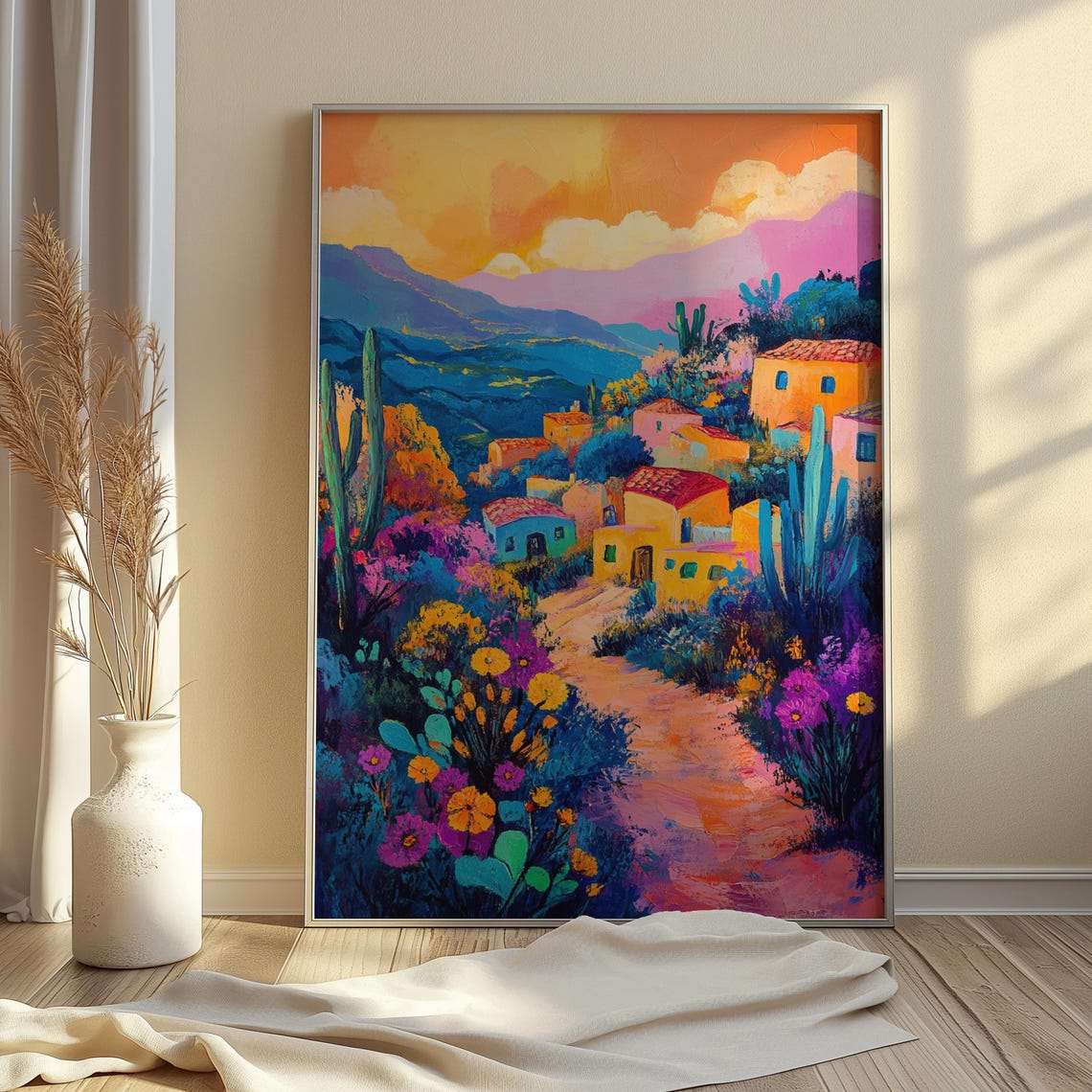 Mexican Village Sunset Hillside Houses Flowers Landscape Art Poster - Image 4
