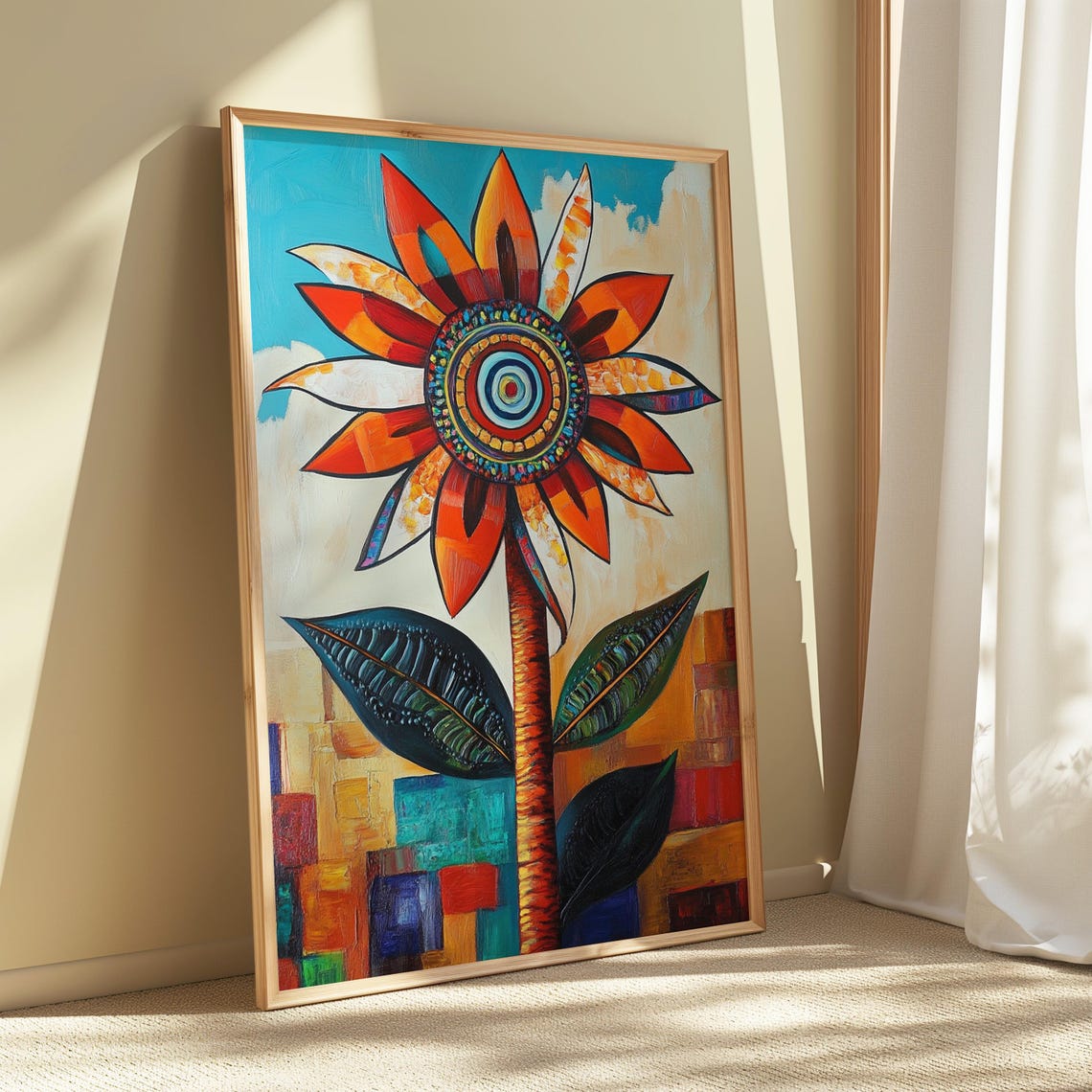Folk Sunflower Concentric Center Patchwork Sky Floral Art Poster - Image 5