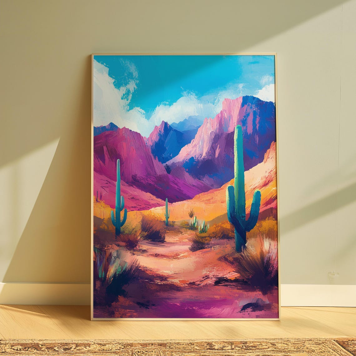 Desert Saguaro Cacti Pink Canyon Mountains Teal Sky Art Print