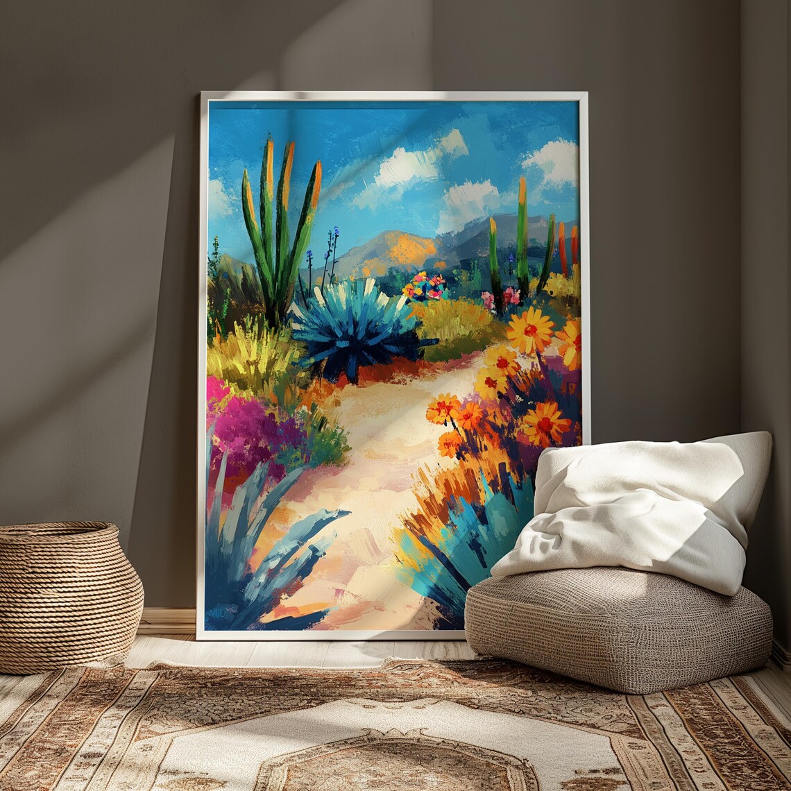 Vibrant Desert Garden Path Blue Agave Cacti Colorful Wildflowers Landscape Poster - Image 4