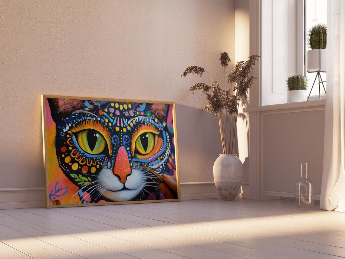 Artist Painting Colorful Cat Face Creative Brushstroke Detail Wall Art Poster - Image 2